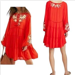 New! Free People  Spell On You Embroidered Dress Xs Red Boho Peasant Style